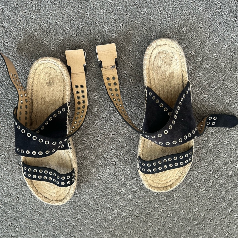 Isabel Marant Black Eyelet Espadrille Sandals with Tan Straps